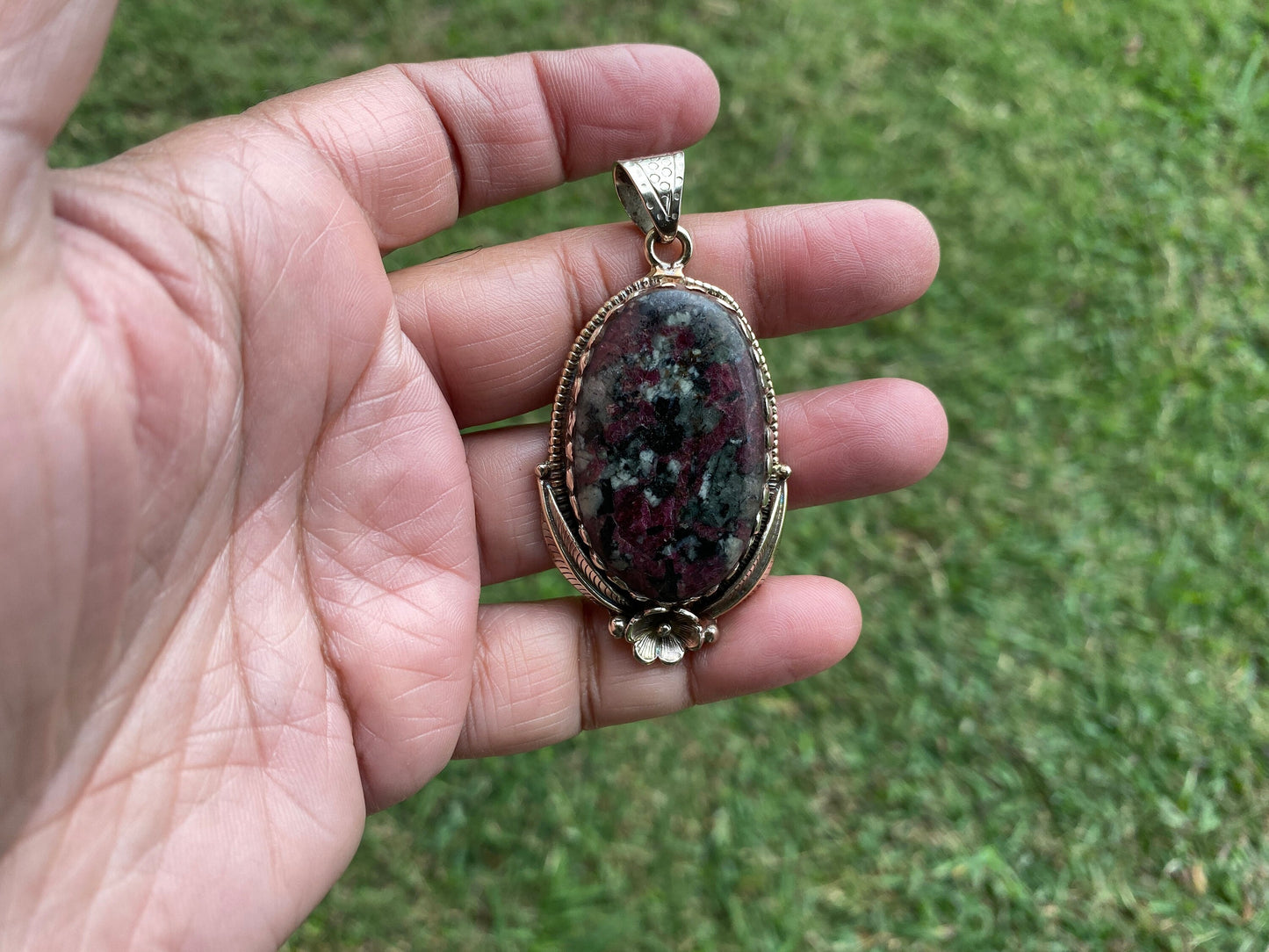 Eudialyte Natural Stone Tibetan Silver Pendant, Unique Gemstone Pendant, Cosmic Energy Stone, Metaphysical Gemstone, Nature-Inspired Pendant