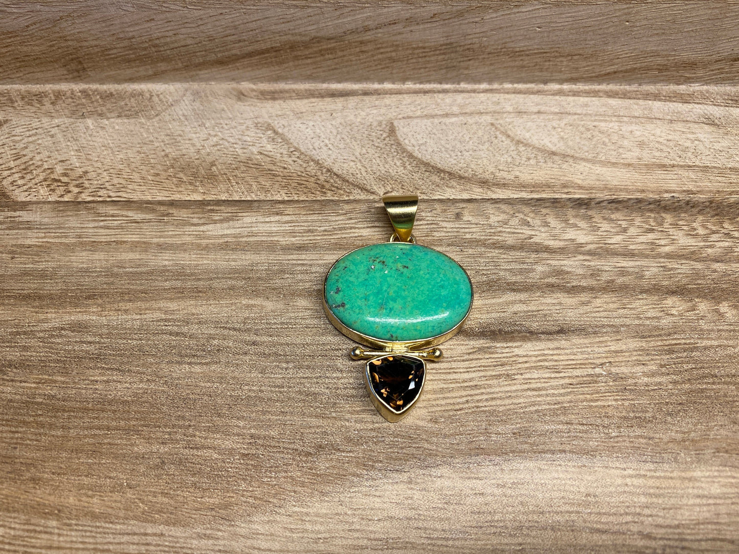Faceted Smoky Quartz & Green Howlite Turquoise Pendant, 14K Matte Gold Overlay, Small Gemstone, Necklace Pendant, Natural Stone Jewelry, Zen