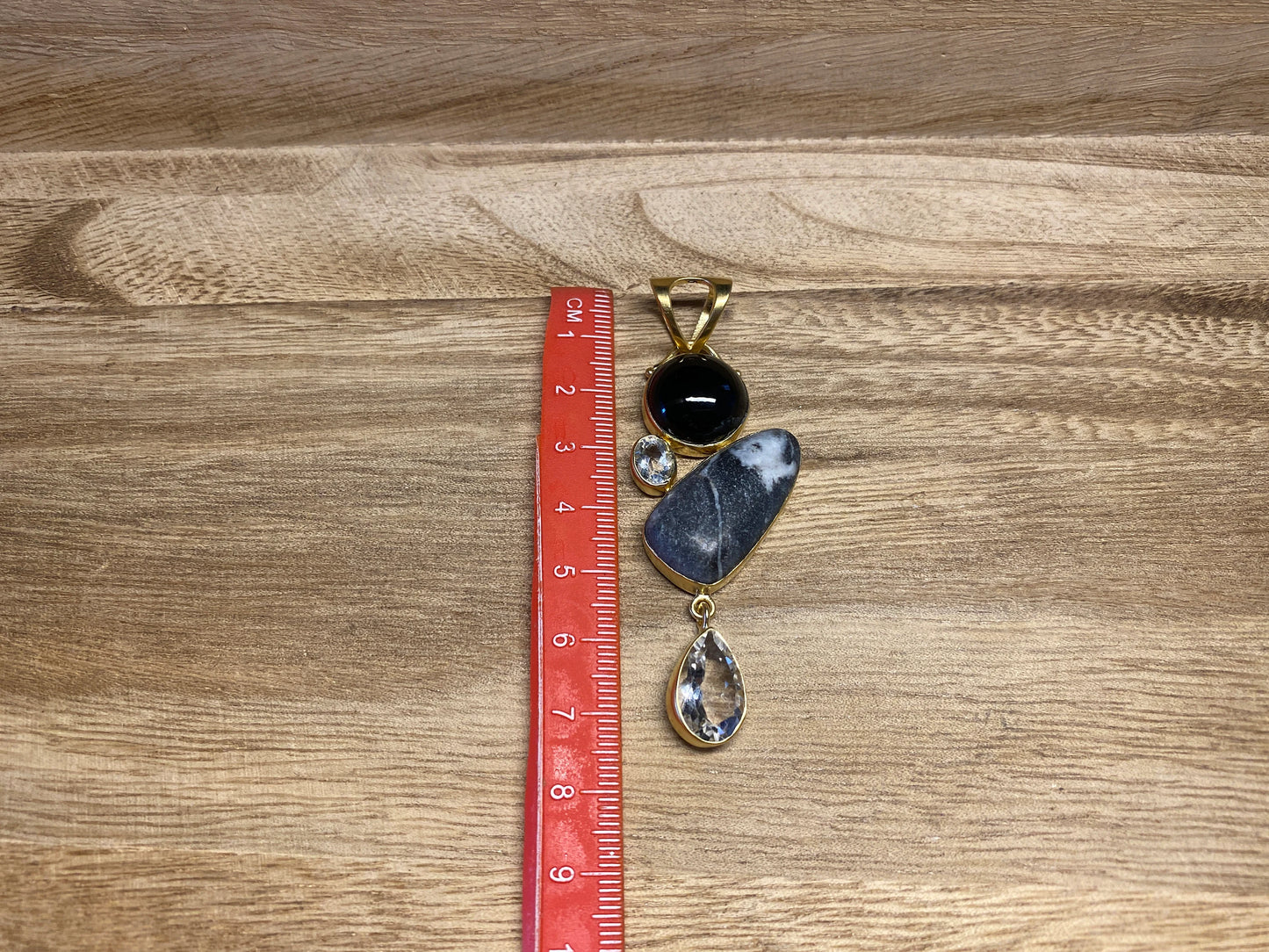 Faceted White Topaz with Jasper & Black Onyx Gemstone Pendant, Natural Stone Pendant, 14K Matte Gold Overlay Birthstone Pendant for Necklace