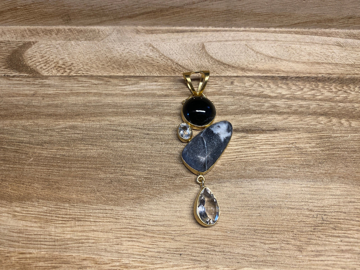 Faceted White Topaz with Jasper & Black Onyx Gemstone Pendant, Natural Stone Pendant, 14K Matte Gold Overlay Birthstone Pendant for Necklace