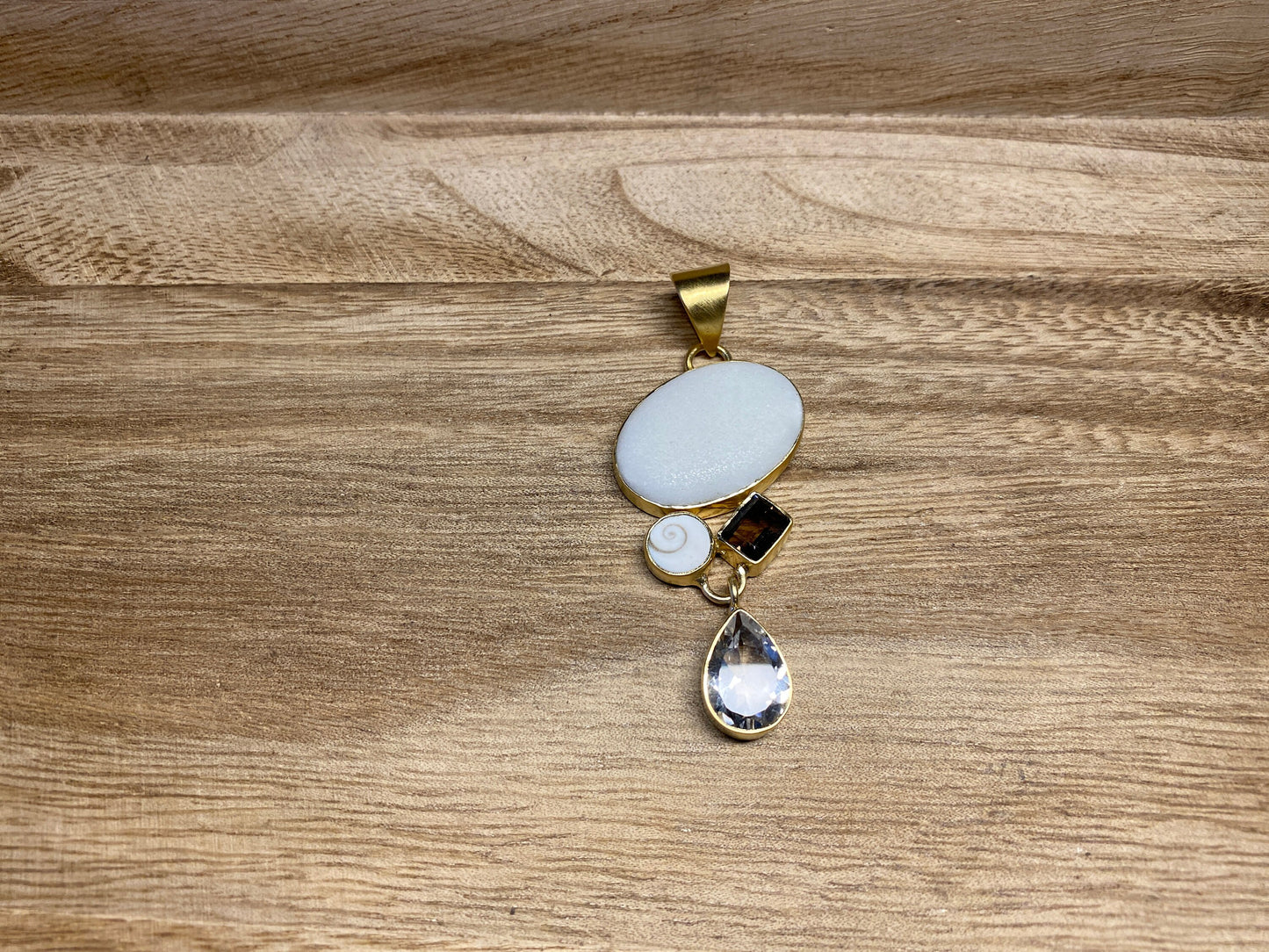 Faceted White Topaz with Smoky Quartz Gemstone, Shell & Matte White Jasper Pendant, 14K Matte Gold Overlay, Birthstone Natural Stone Pendant