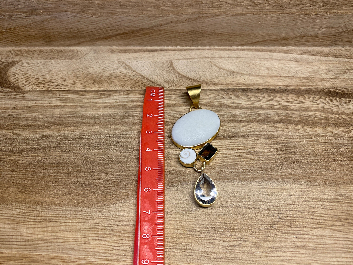 Faceted White Topaz with Smoky Quartz Gemstone, Shell & Matte White Jasper Pendant, 14K Matte Gold Overlay, Birthstone Natural Stone Pendant