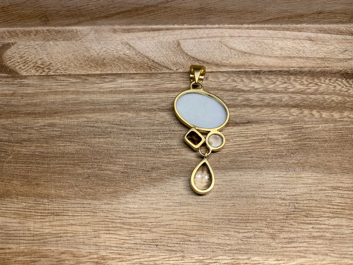 Faceted White Topaz with Smoky Quartz Gemstone, Shell & Matte White Jasper Pendant, 14K Matte Gold Overlay, Birthstone Natural Stone Pendant