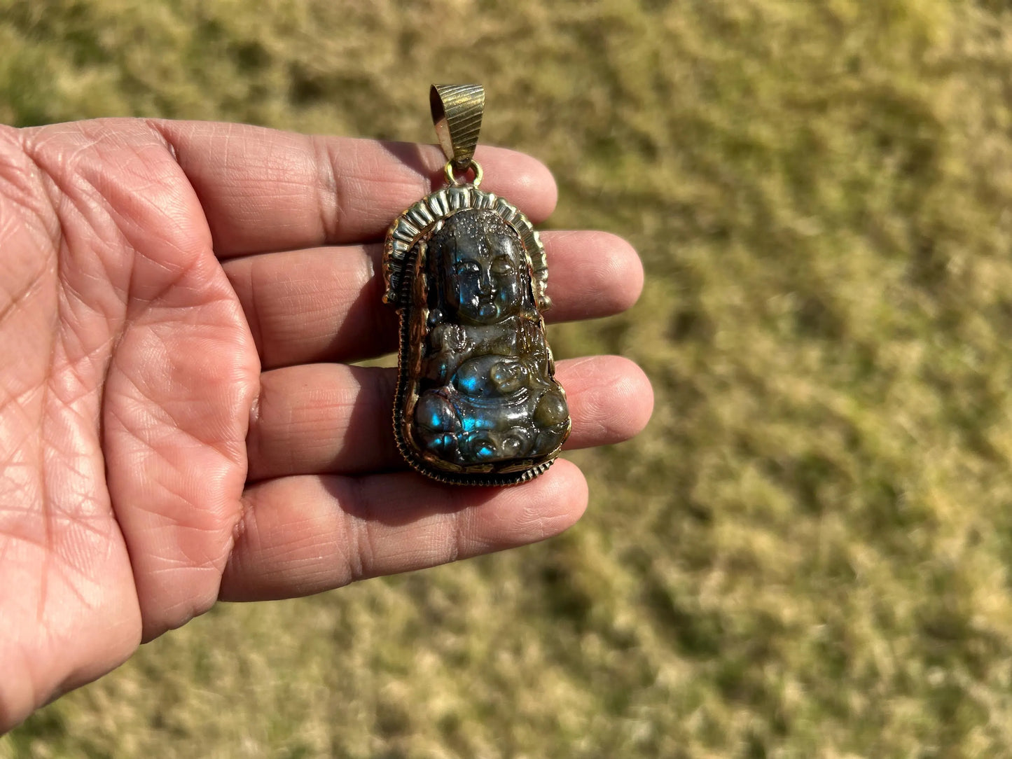 Fengshui Buddha Natural Labradorite Pendant, Laughing Buddha, Healing Pendant, Unique Pendant. Symbolizing Prosperity and Abundance,