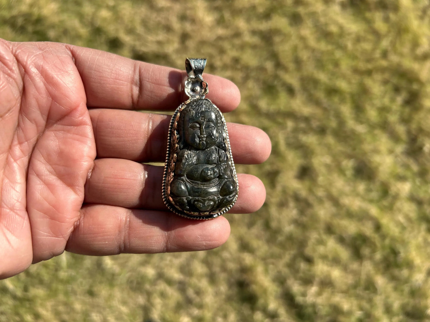 Fengshui Buddha Natural Labradorite Pendant, Laughing Buddha, Healing Pendant, Unique Pendant. Symbolizing Prosperity and Abundance,