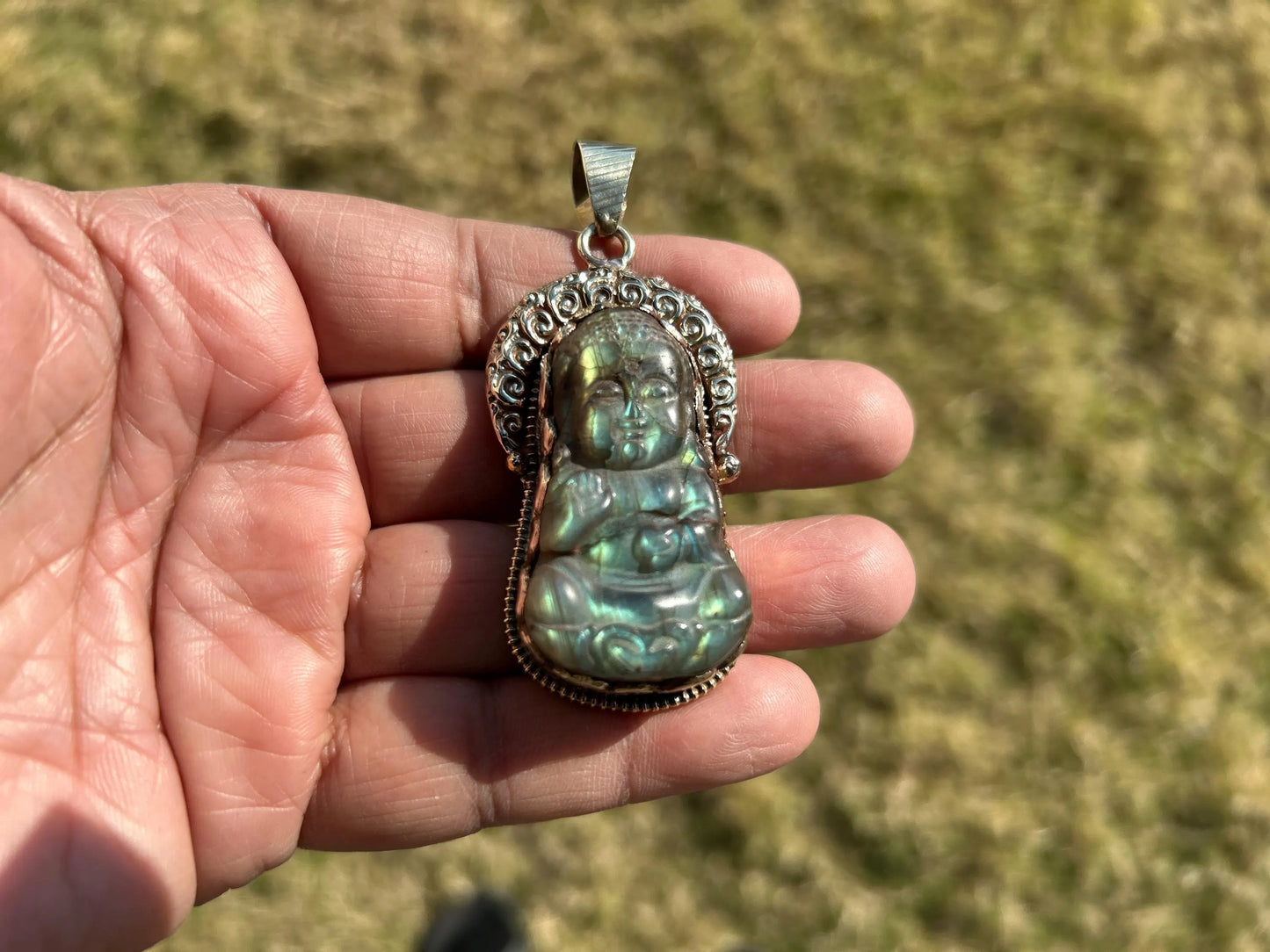 Fengshui Buddha Natural Labradorite Pendant, Laughing Buddha, Healing Pendant, Unique Pendant. Symbolizing Prosperity and Abundance,