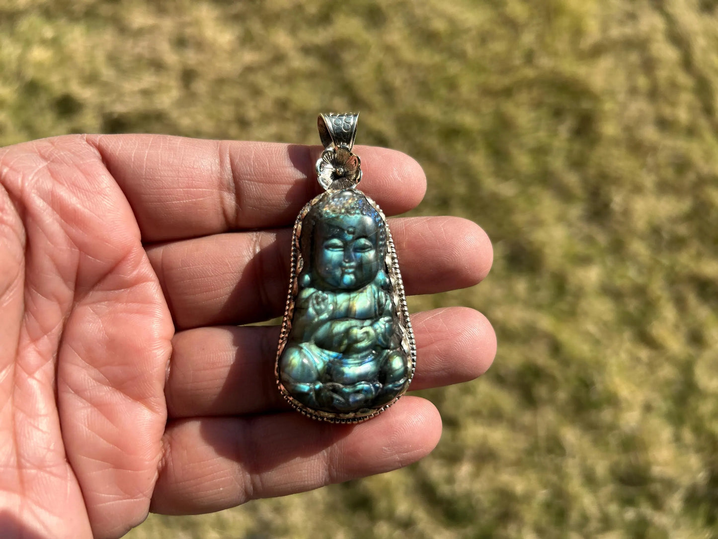 Fengshui Buddha Natural Labradorite Pendant, Laughing Buddha, Healing Pendant, Unique Pendant. Symbolizing Prosperity and Abundance,