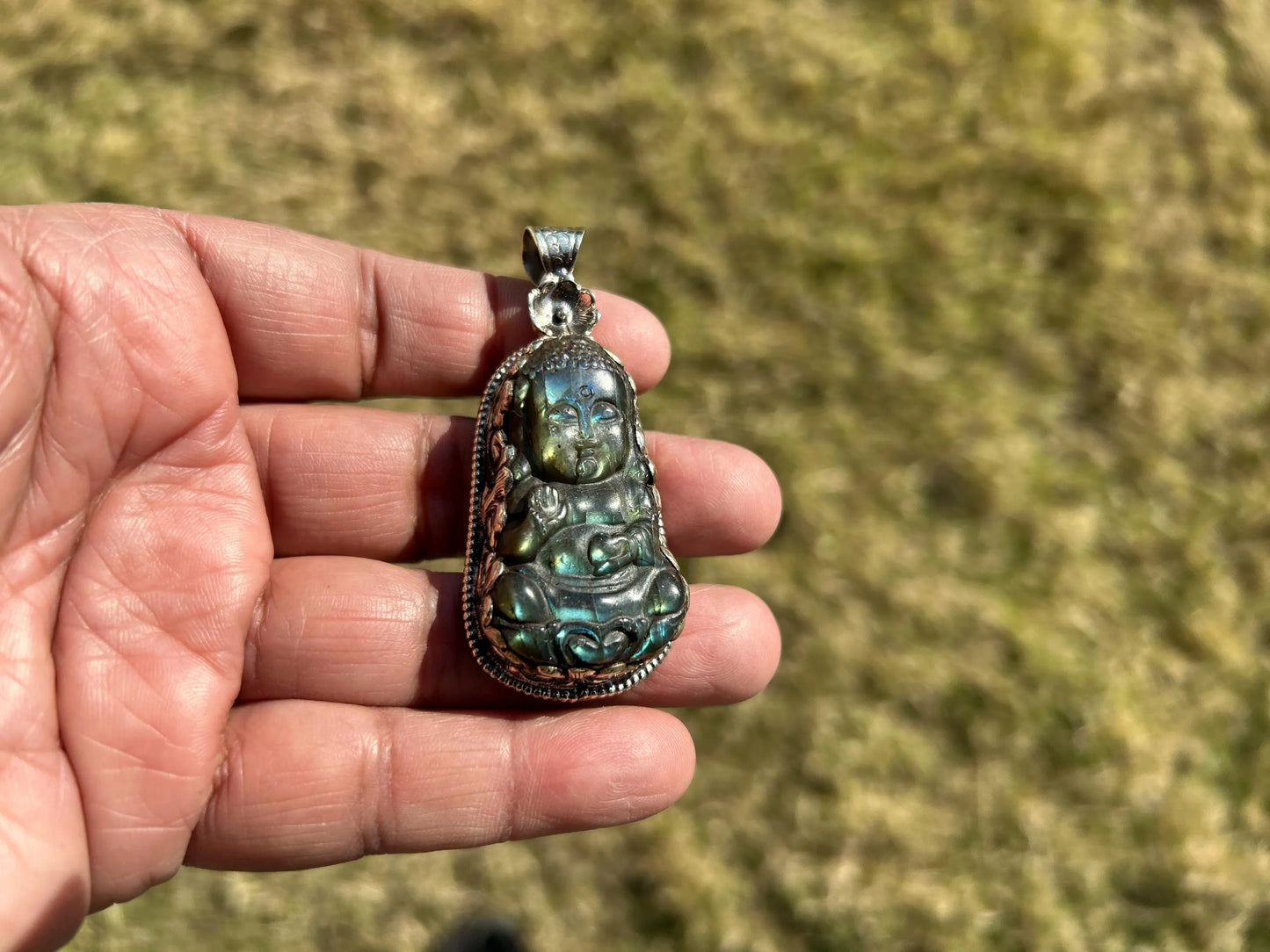 Fengshui Buddha Natural Labradorite Pendant, Laughing Buddha, Healing Pendant, Unique Pendant. Symbolizing Prosperity and Abundance,