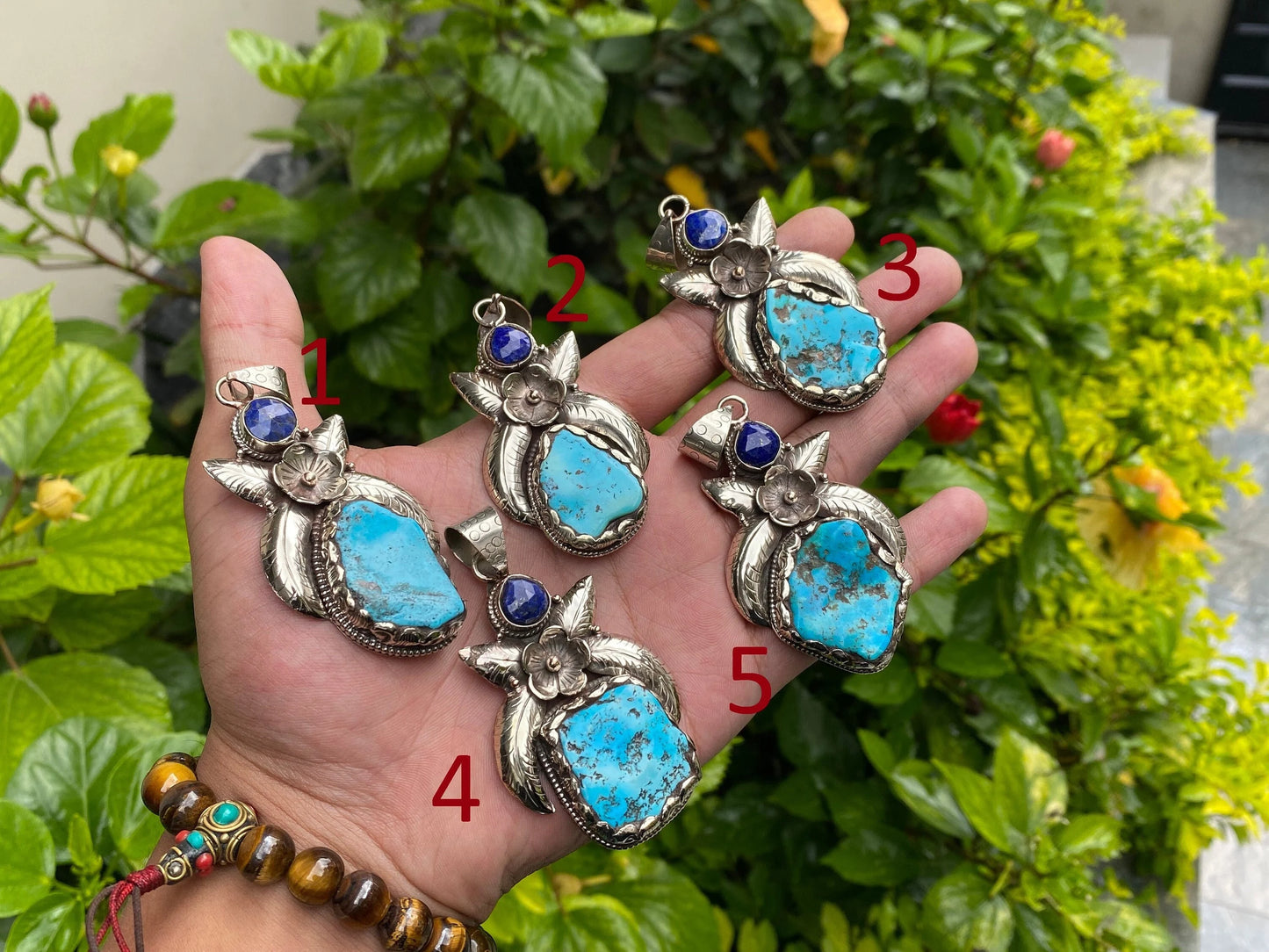 Floral-Inspired Tibetan Silver Pendant, Turquoise Pendant with Lapis and Tibetan Silver Detailing, For Emotional Balance, Unisex gift ideas.