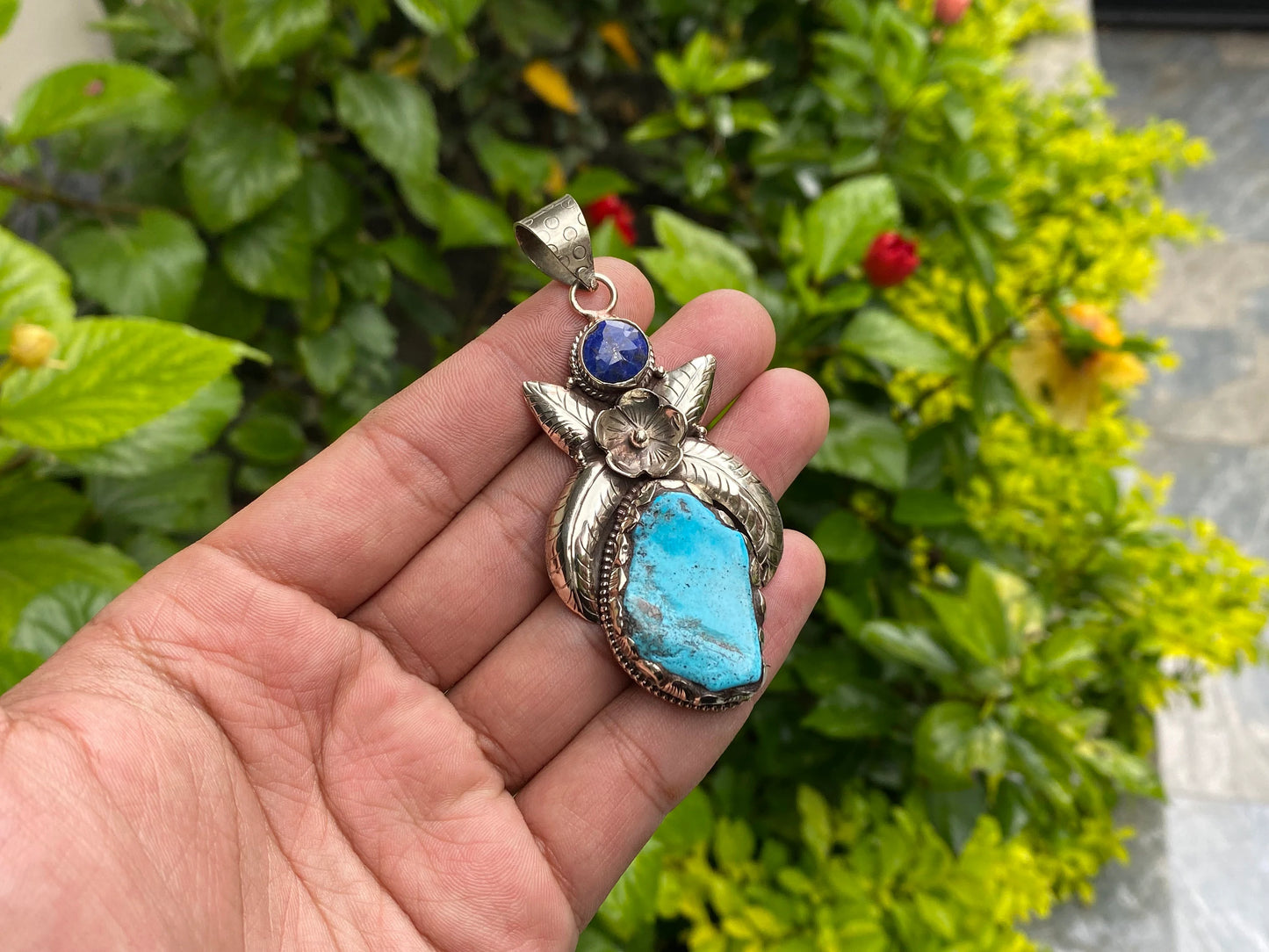 Floral-Inspired Tibetan Silver Pendant, Turquoise Pendant with Lapis and Tibetan Silver Detailing, For Emotional Balance, Unisex gift ideas.