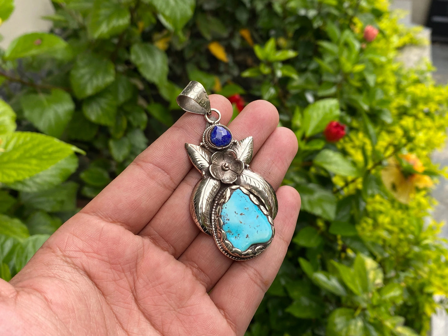 Floral-Inspired Tibetan Silver Pendant, Turquoise Pendant with Lapis and Tibetan Silver Detailing, For Emotional Balance, Unisex gift ideas.