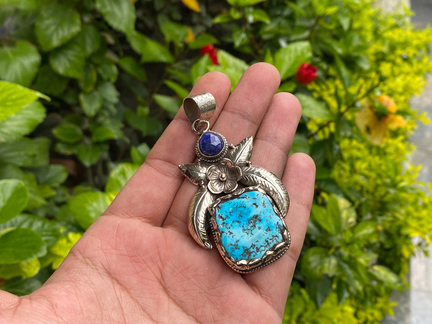 Floral-Inspired Tibetan Silver Pendant, Turquoise Pendant with Lapis and Tibetan Silver Detailing, For Emotional Balance, Unisex gift ideas.
