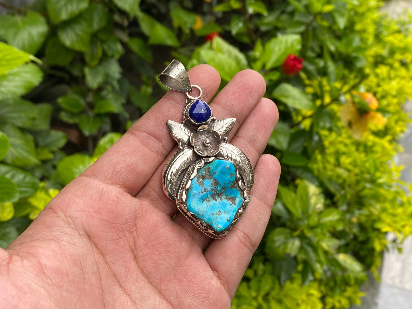 Floral-Inspired Tibetan Silver Pendant, Turquoise Pendant with Lapis and Tibetan Silver Detailing, For Emotional Balance, Unisex gift ideas.