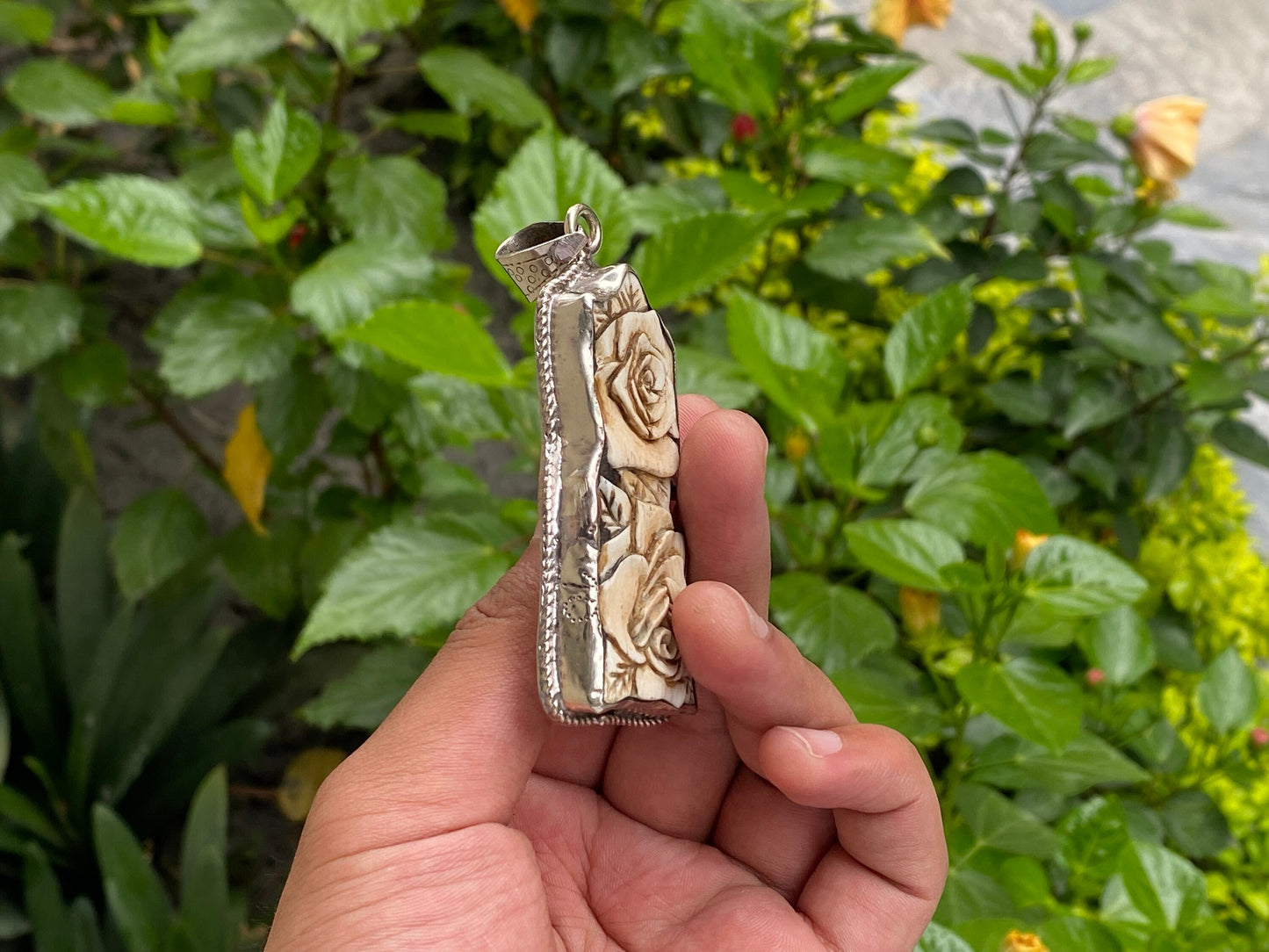 Floral Design carved on water buffalo bone, Tibetan Silver pendant for daily wear, Antique pendant, Unisex pendant, Gift for him/her.