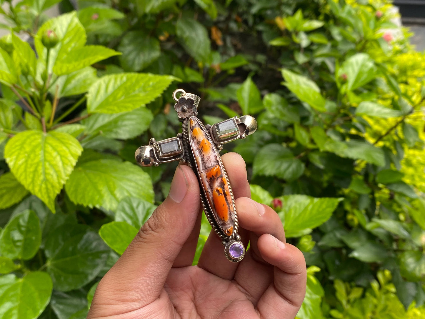 Floral Designed Handcrafted Boho Cross Pendant with Spiny Orange Oyster & Tibetan Silver, Natural Gemstone Pendant, Aesthetic gift ideas.