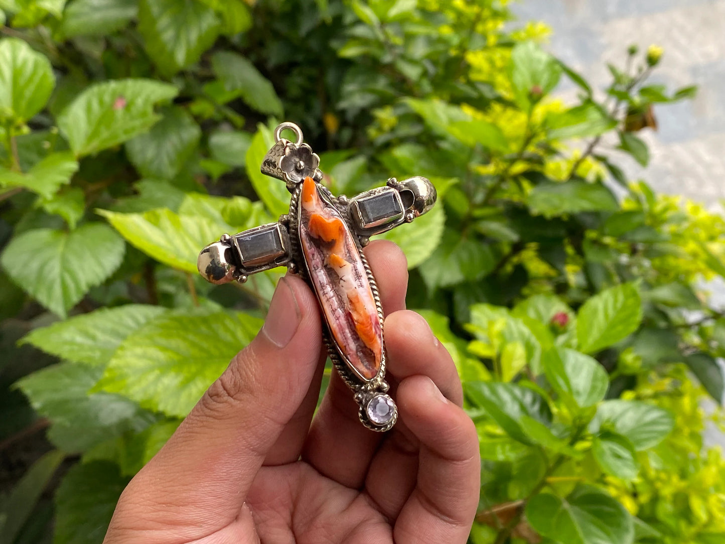 Floral Designed Handcrafted Boho Cross Pendant with Spiny Orange Oyster & Tibetan Silver, Natural Gemstone Pendant, Aesthetic gift ideas.