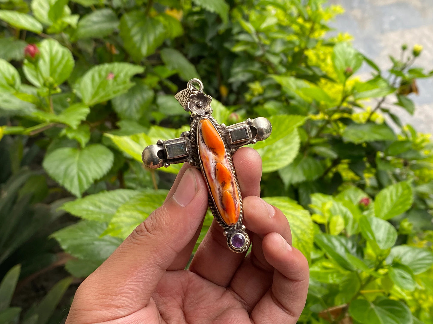 Floral Designed Handcrafted Boho Cross Pendant with Spiny Orange Oyster & Tibetan Silver, Natural Gemstone Pendant, Aesthetic gift ideas.