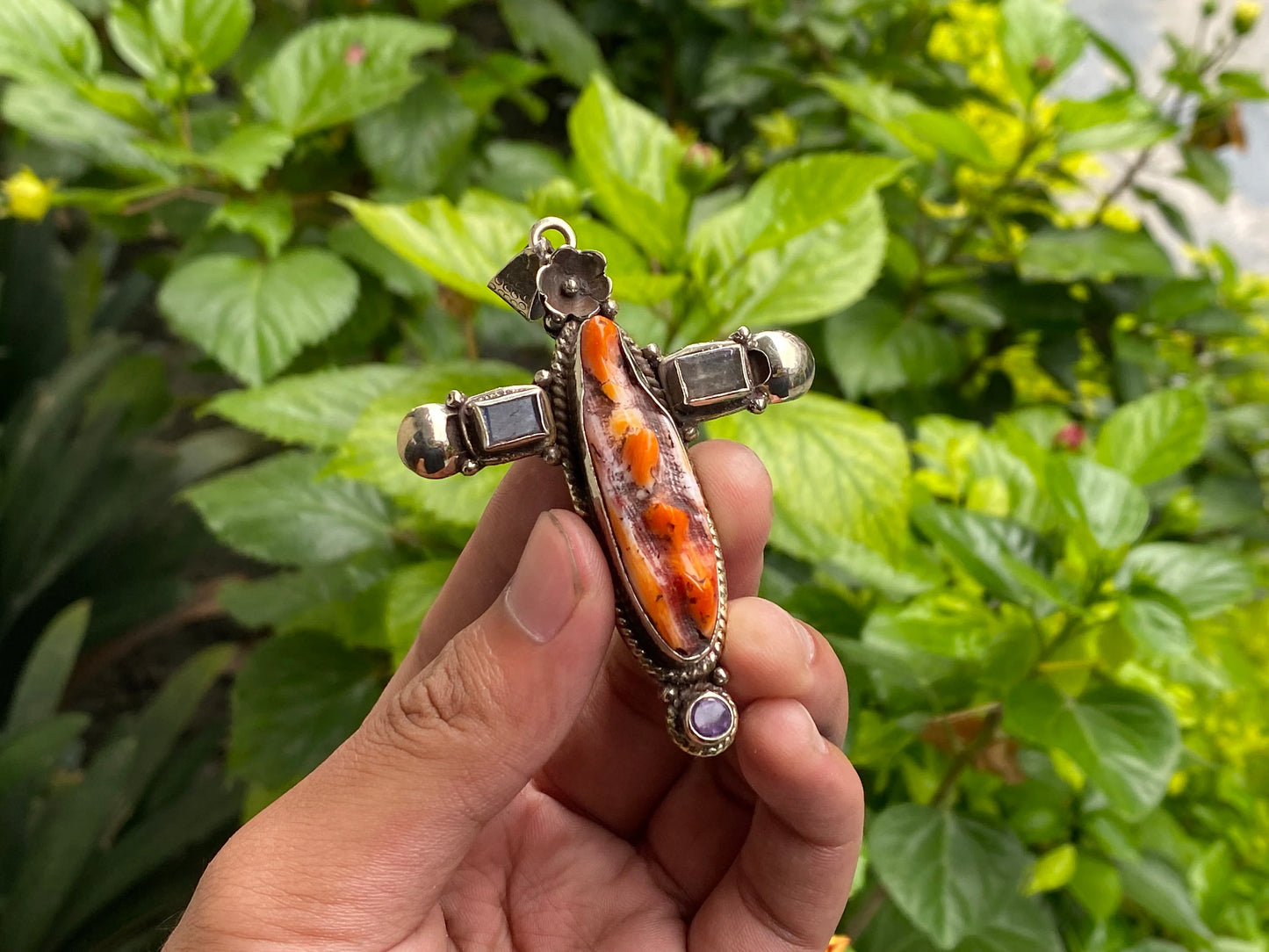 Floral Designed Handcrafted Boho Cross Pendant with Spiny Orange Oyster & Tibetan Silver, Natural Gemstone Pendant, Aesthetic gift ideas.