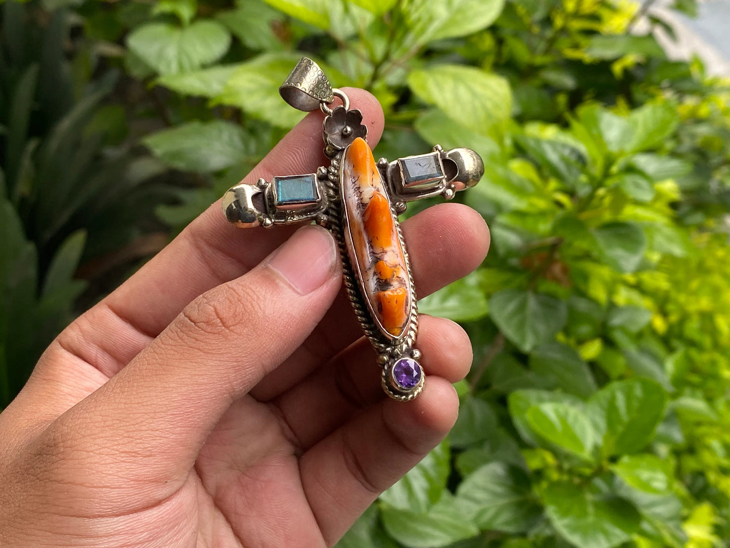 Floral Designed Handcrafted Boho Cross Pendant with Spiny Orange Oyster & Tibetan Silver, Natural Gemstone Pendant, Aesthetic gift ideas.