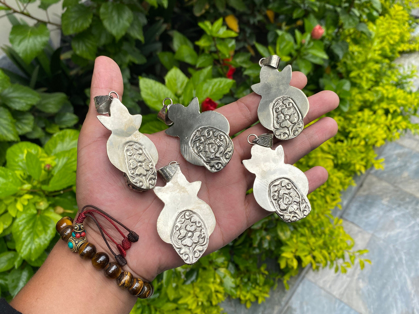 Floral Tibetan Silver Pendant with Natural Turquoise and Lapis Stone, Handmade and Hammered design, Perfect for gift, Unisex Pendant.