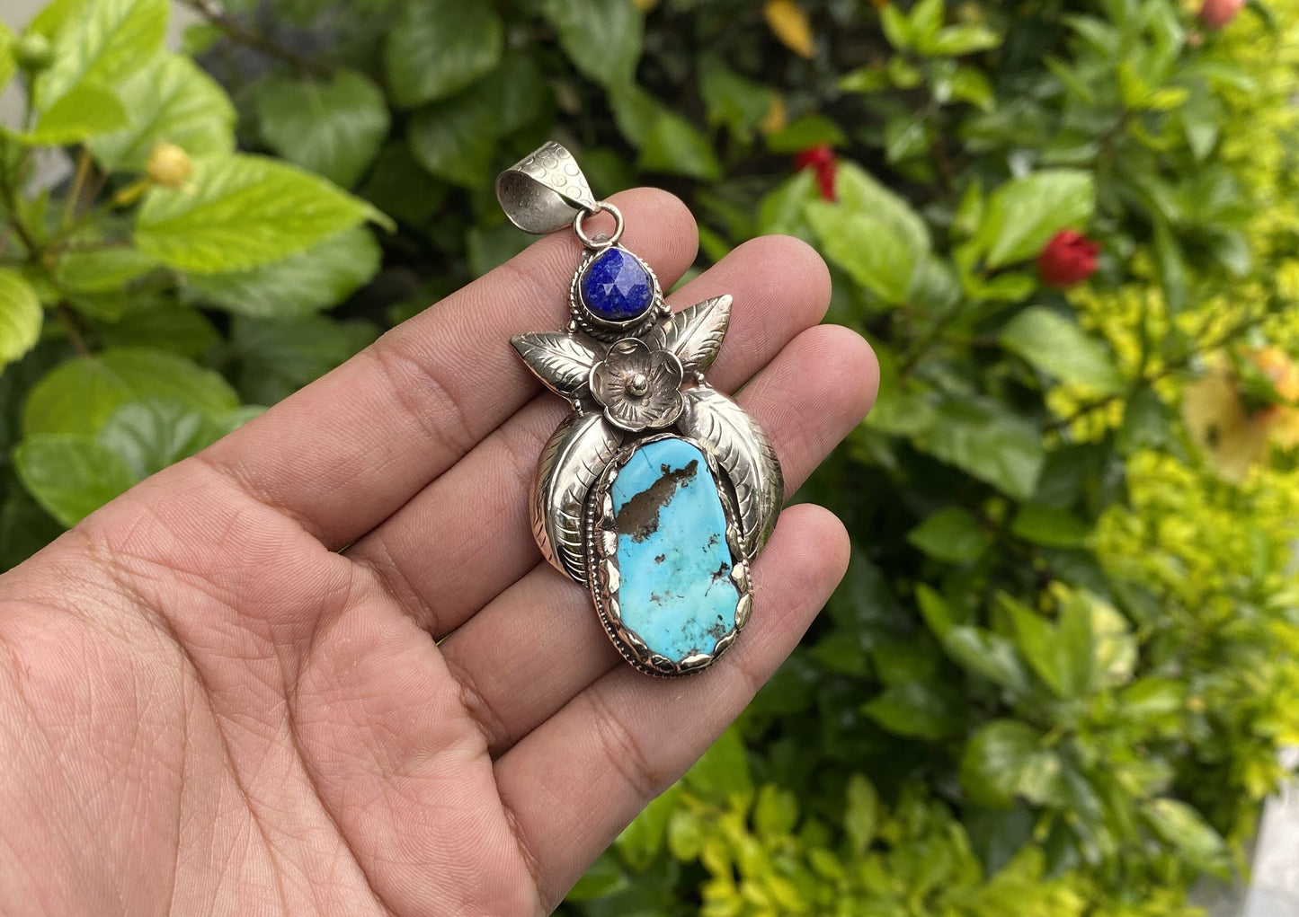 Floral Tibetan Silver Pendant with Natural Turquoise and Lapis Stone, Handmade and Hammered design, Perfect for gift, Unisex Pendant.