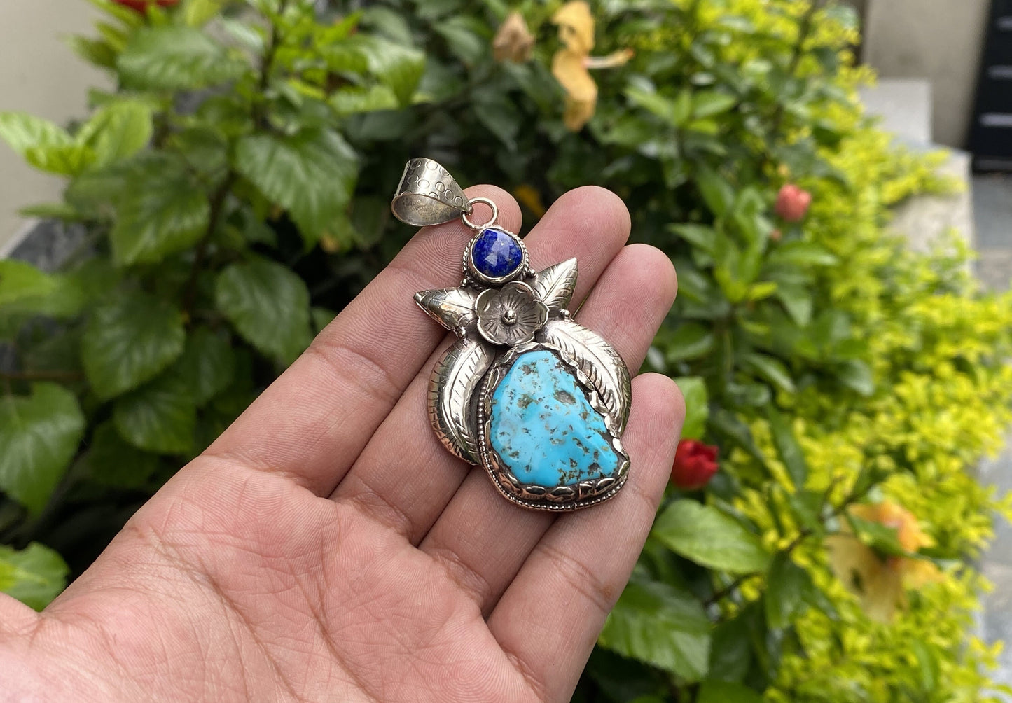 Floral Tibetan Silver Pendant with Natural Turquoise and Lapis Stone, Handmade and Hammered design, Perfect for gift, Unisex Pendant.