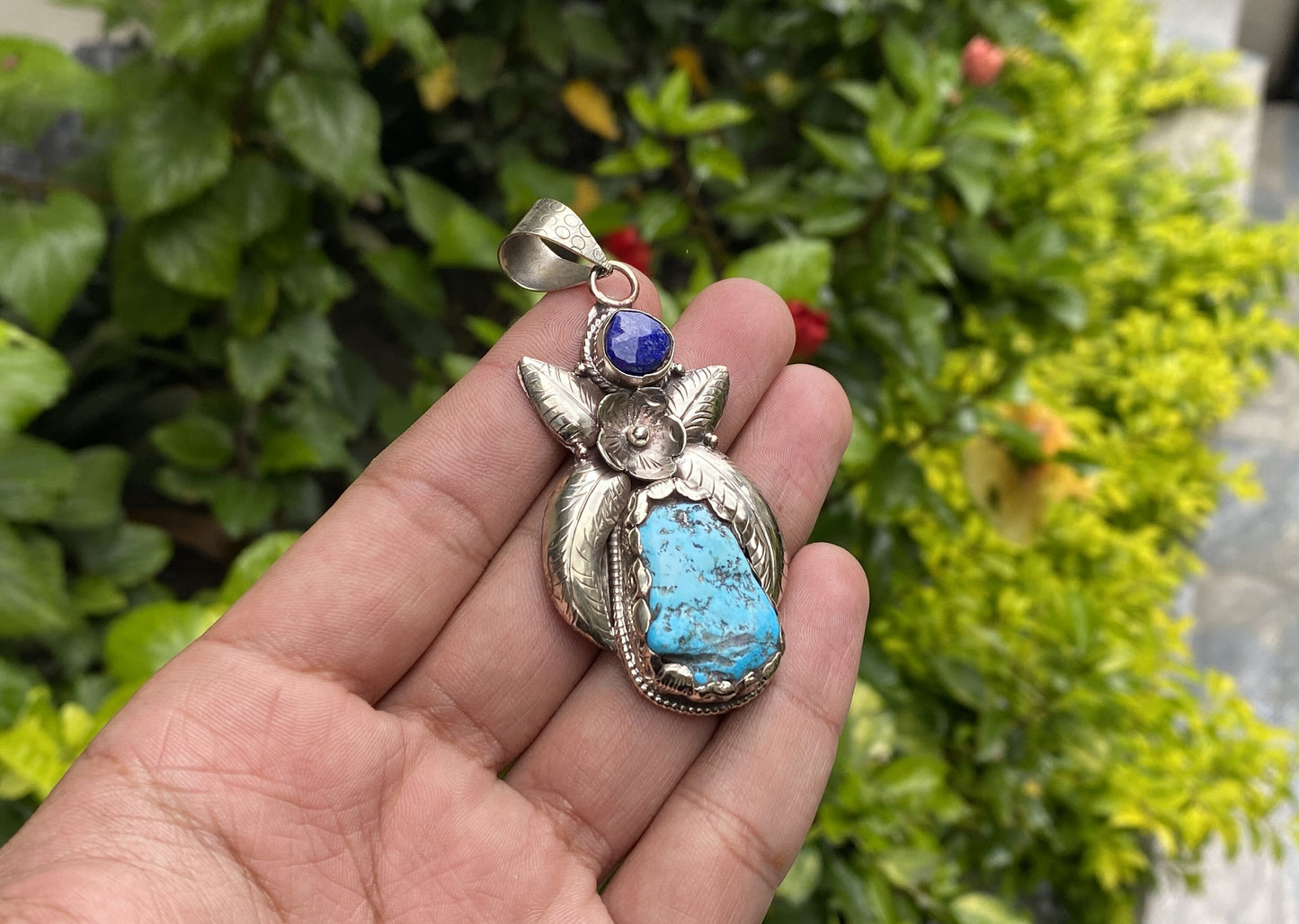 Floral Tibetan Silver Pendant with Natural Turquoise and Lapis Stone, Handmade and Hammered design, Perfect for gift, Unisex Pendant.