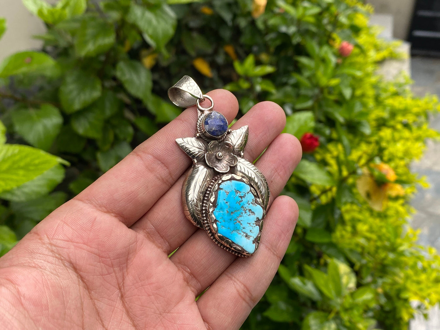 Floral Tibetan Silver Pendant with Natural Turquoise and Lapis Stone, Handmade and Hammered design, Perfect for gift, Unisex Pendant.