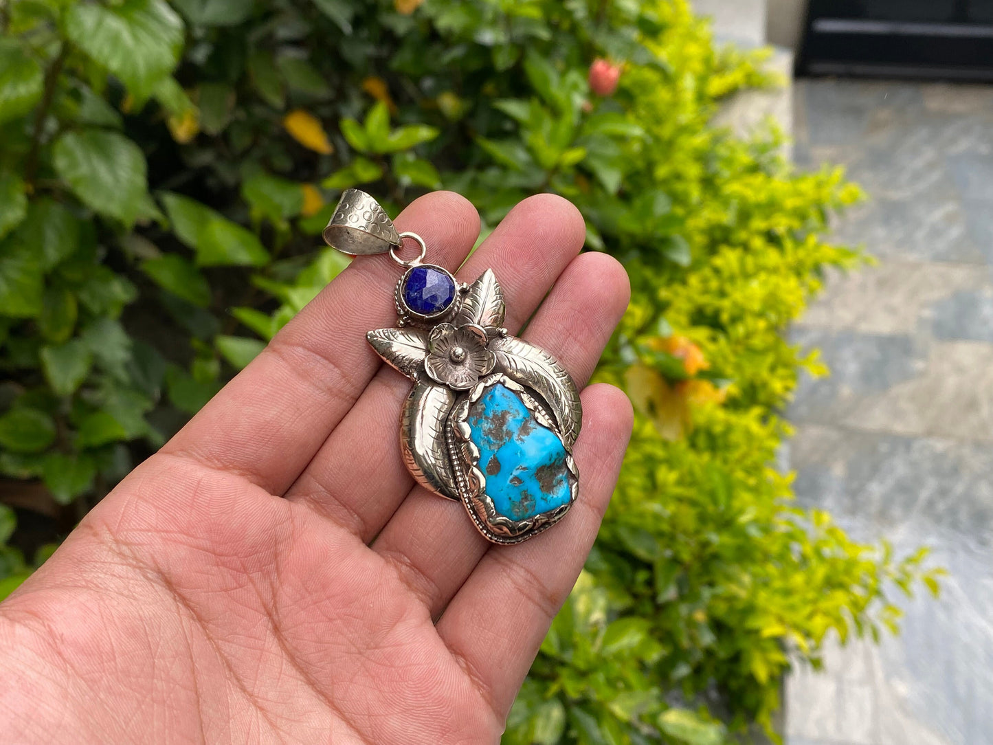Floral Tibetan Silver Pendant with Natural Turquoise and Lapis Stone, Handmade and Hammered design, Perfect for gift, Unisex Pendant.