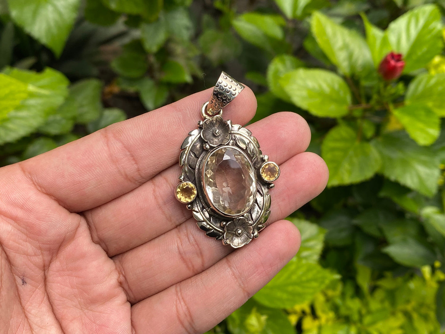 Floral designed Drop Pendant for daily wear, Aesthetic pendant for daily wear, Natural Gemstone pendant, Tibetan Silver Details, Unique gift