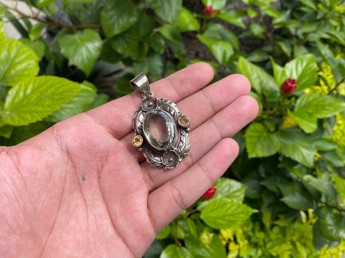Floral designed Drop Pendant for daily wear, Aesthetic pendant for daily wear, Natural Gemstone pendant, Tibetan Silver Details, Unique gift