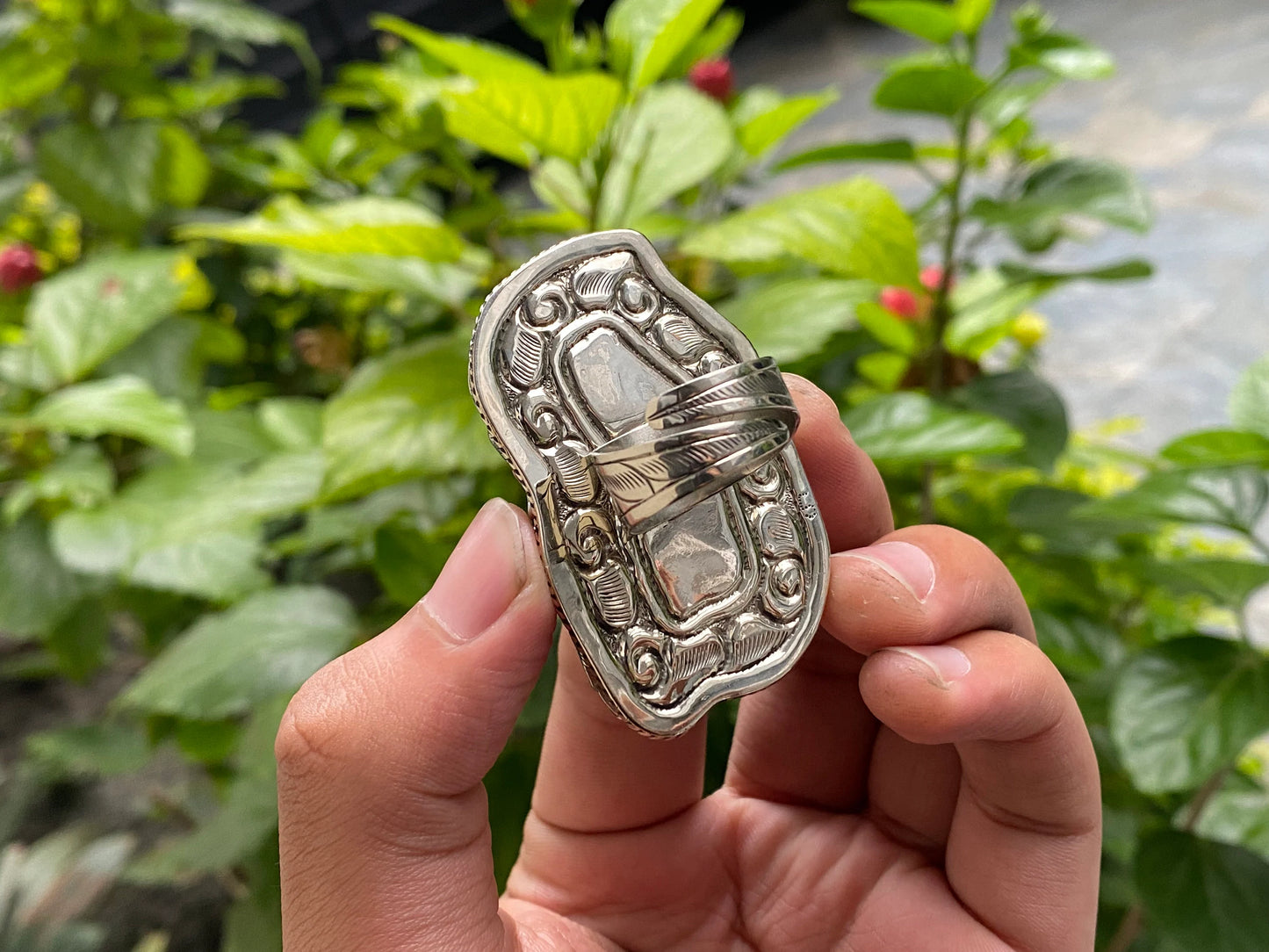 Floral designed Ring, Holy Cross covered with floral design, Unique buffalo bone Ring, Hammered Tibetan silver, Unisex Hippie fashion.