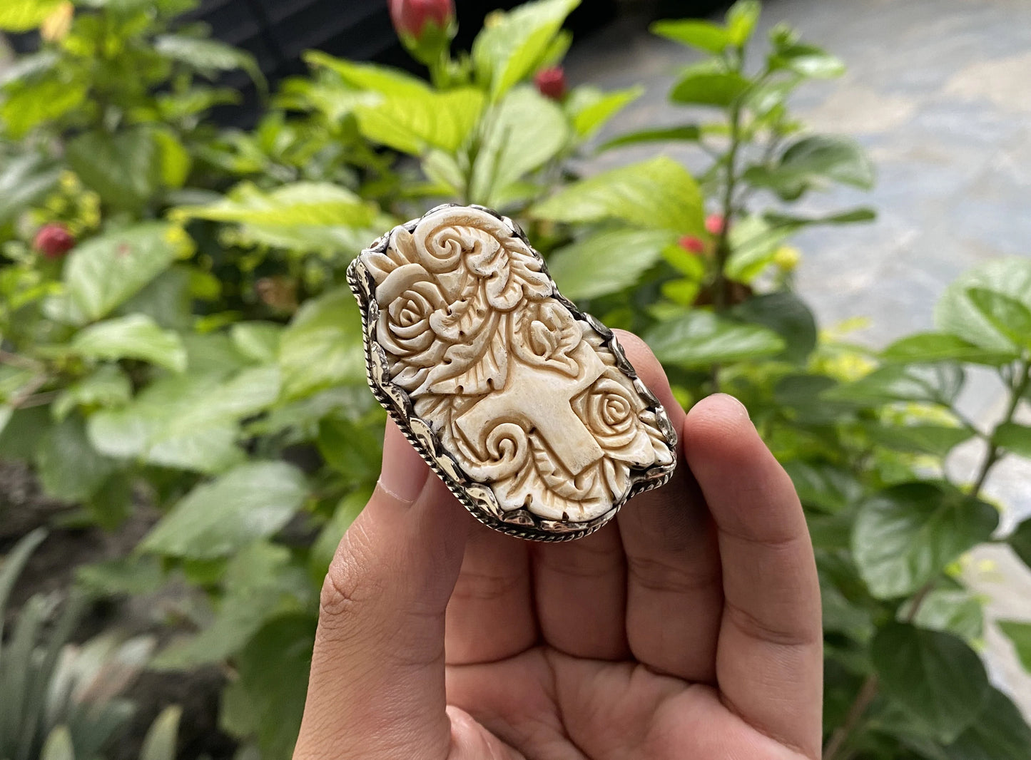 Floral designed Ring, Holy Cross covered with floral design, Unique buffalo bone Ring, Hammered Tibetan silver, Unisex Hippie fashion.