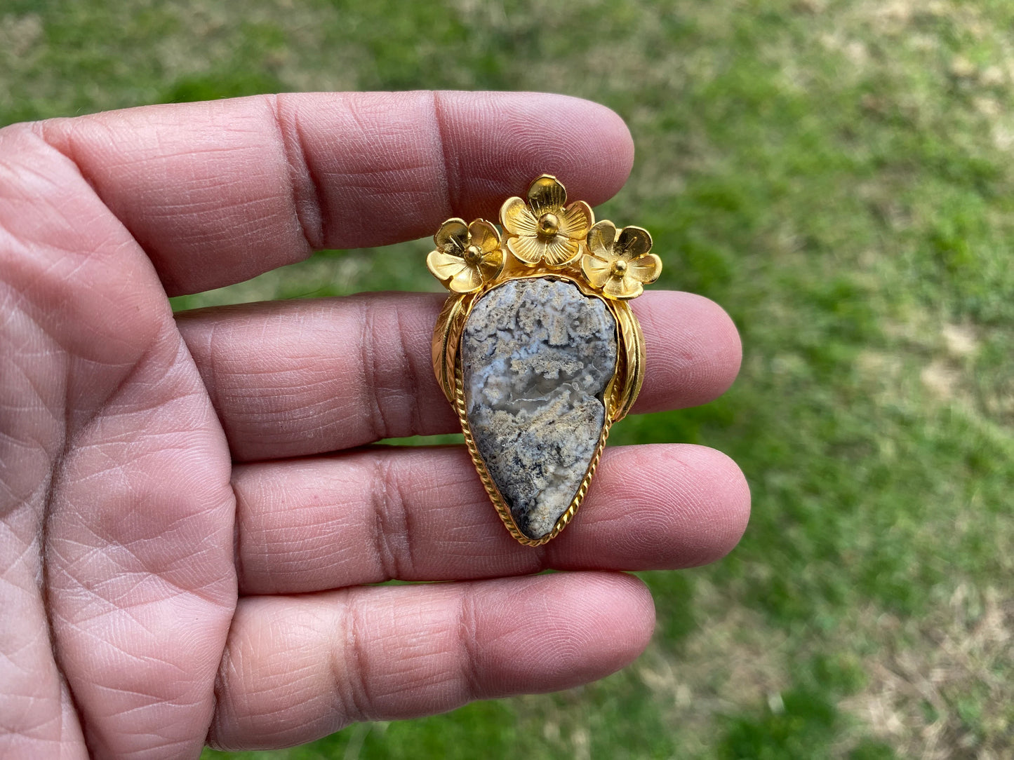 Jasper Gold Overlay Non Tarnish Small Pendant with Natural Jasper, Flower Design, Unique Jewelry For Nature Lover, Natural Stone Pendant