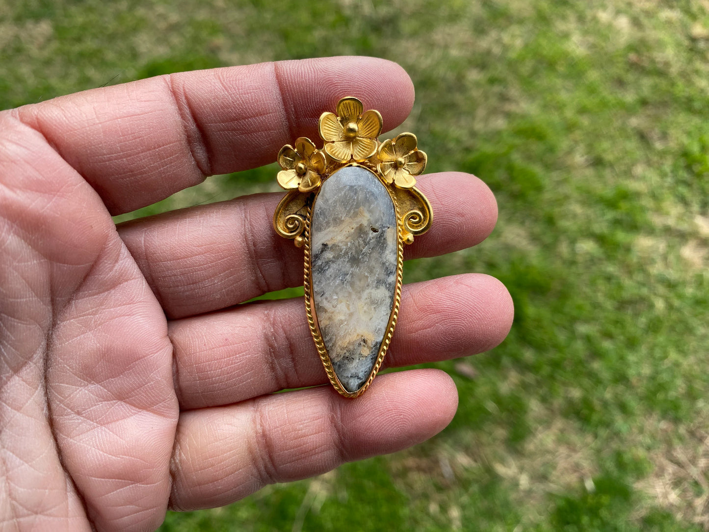 Jasper Gold Overlay Non Tarnish Small Pendant with Natural Jasper, Flower Design, Unique Jewelry For Nature Lover, Natural Stone Pendant