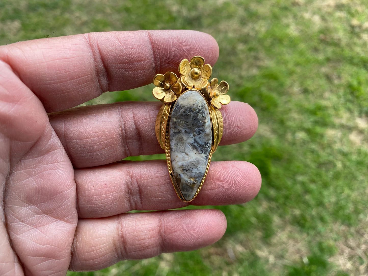 Jasper Gold Overlay Non Tarnish Small Pendant with Natural Jasper, Flower Design, Unique Jewelry For Nature Lover, Natural Stone Pendant