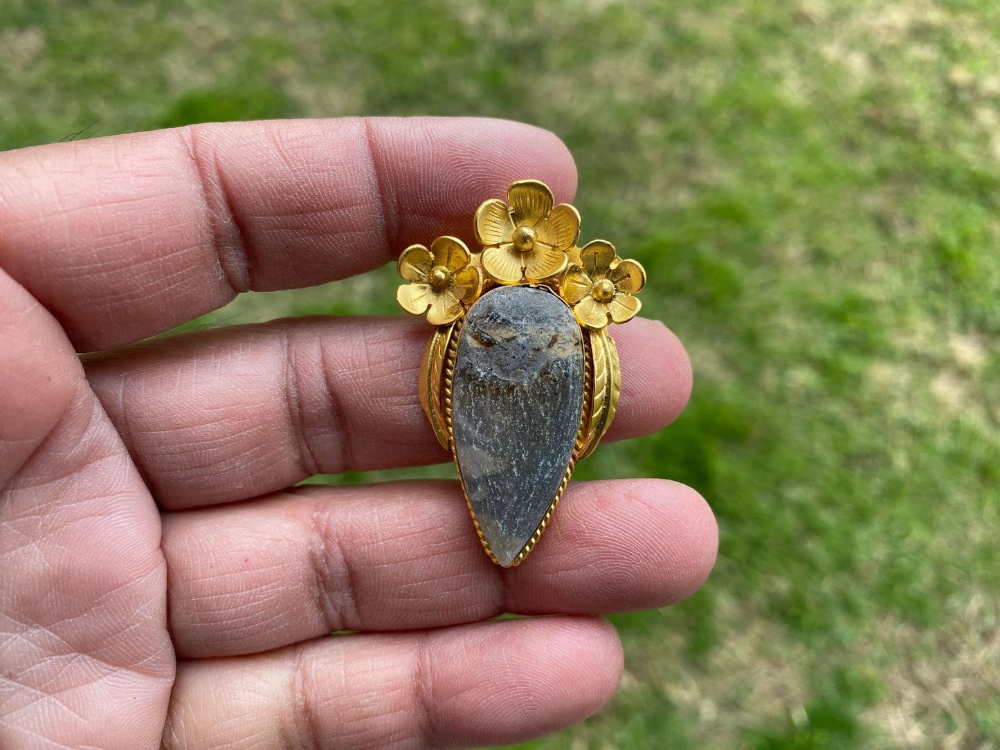 Jasper Gold Overlay Non Tarnish Small Pendant with Natural Jasper, Flower Design, Unique Jewelry For Nature Lover, Natural Stone Pendant