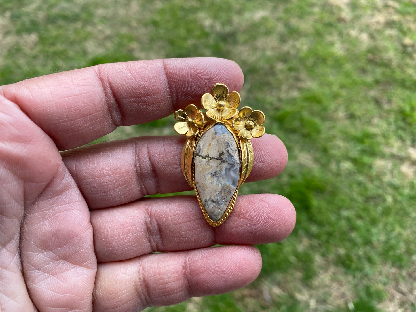 Jasper Gold Overlay Non Tarnish Small Pendant with Natural Jasper, Flower Design, Unique Jewelry For Nature Lover, Natural Stone Pendant