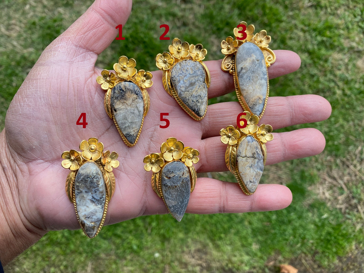Jasper Gold Overlay Non Tarnish Small Pendant with Natural Jasper, Flower Design, Unique Jewelry For Nature Lover, Natural Stone Pendant