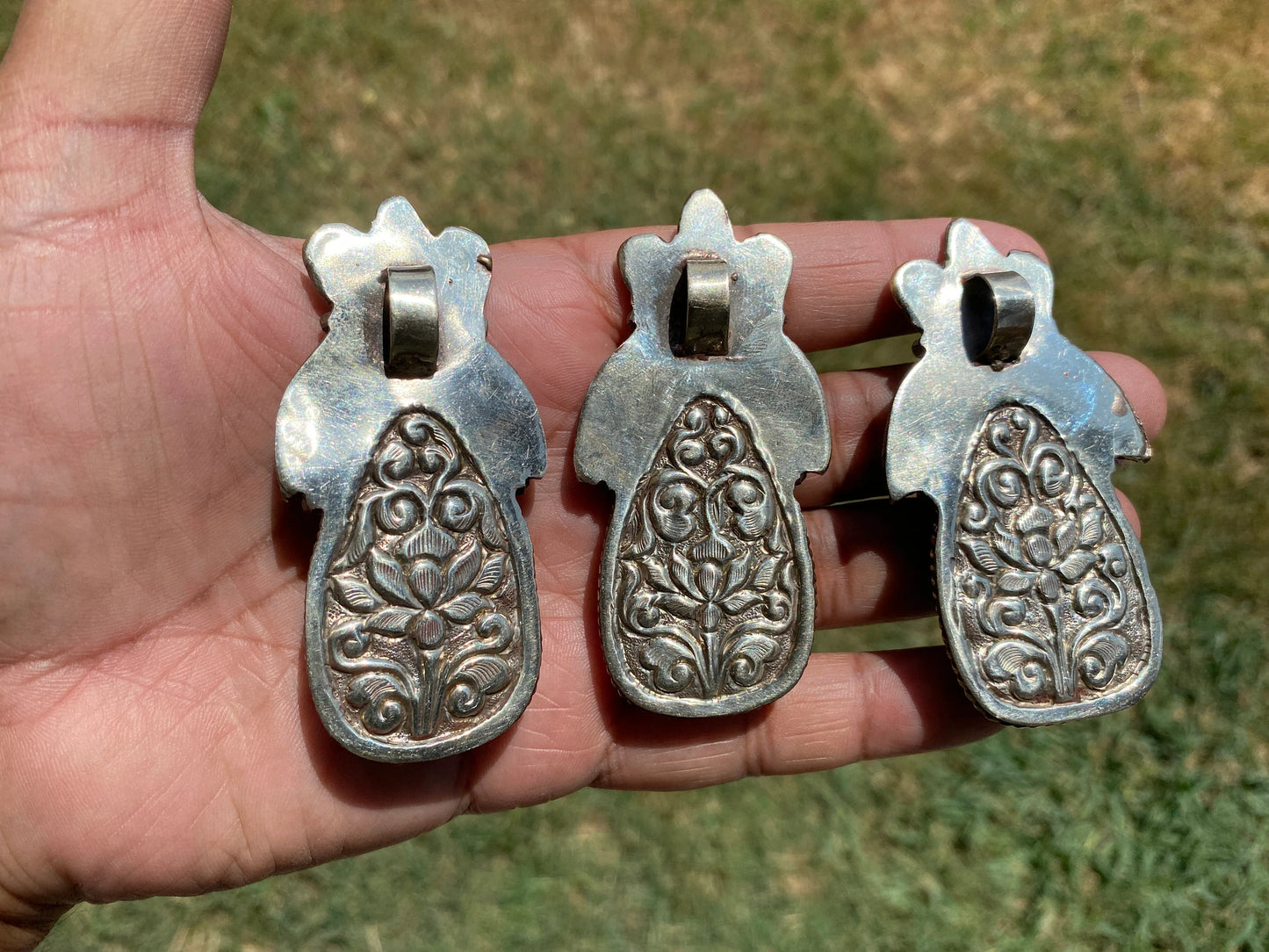 Large Carved Buddha Carnelian Natural Stone Tibetan Silver Pendant, Flower Designs, Unique Designs, Himalayan Jewelry, Spiritual Pendant