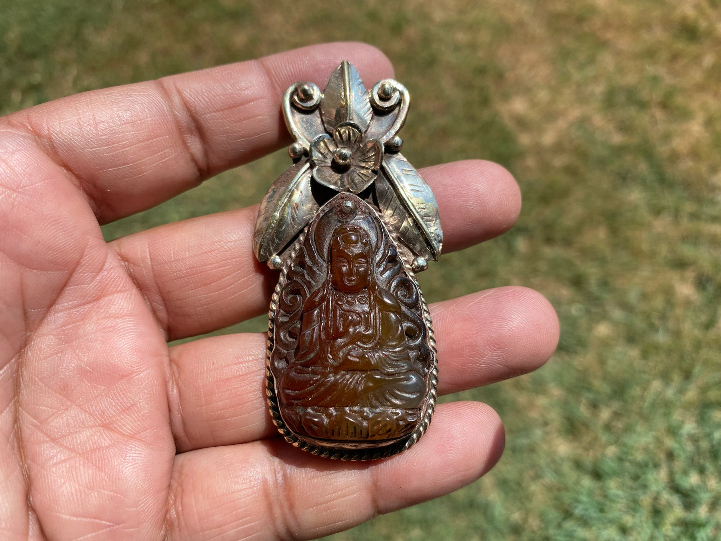 Large Carved Buddha Carnelian Natural Stone Tibetan Silver Pendant, Flower Designs, Unique Designs, Himalayan Jewelry, Spiritual Pendant
