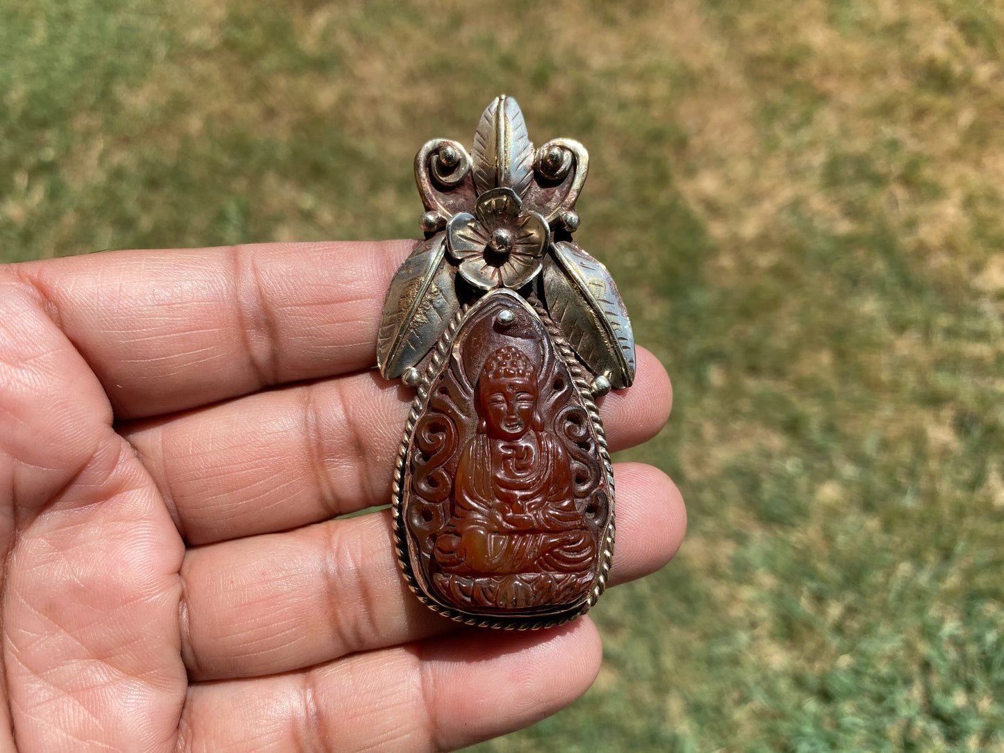 Large Carved Buddha Carnelian Natural Stone Tibetan Silver Pendant, Flower Designs, Unique Designs, Himalayan Jewelry, Spiritual Pendant