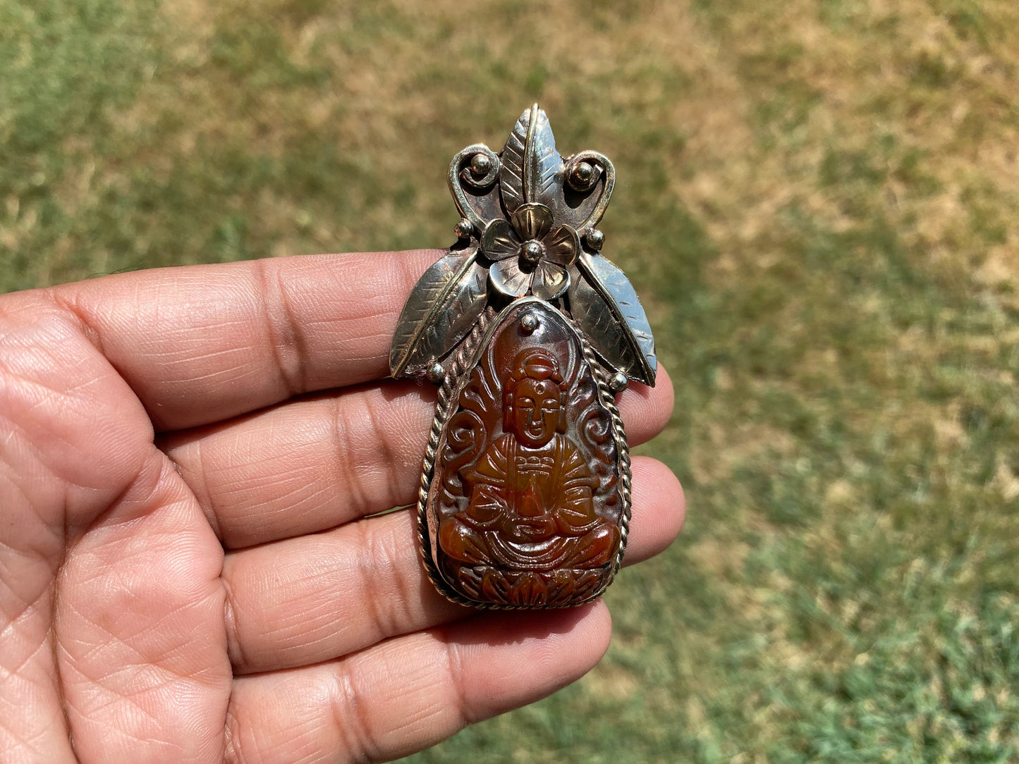 Large Carved Buddha Carnelian Natural Stone Tibetan Silver Pendant, Flower Designs, Unique Designs, Himalayan Jewelry, Spiritual Pendant