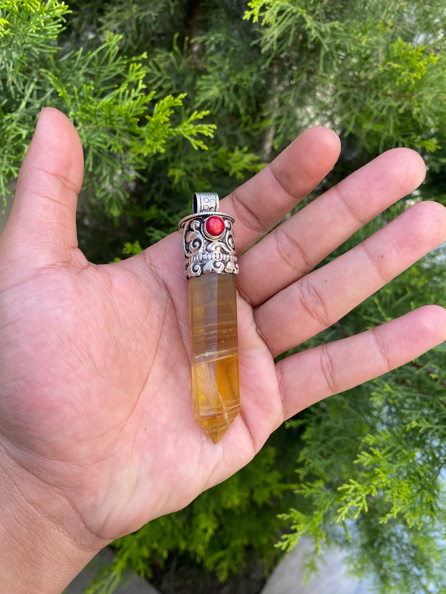 Fluorite Fantasy: Pointed Gemstone Pendant, Pointed Fluorite Stone with Coral