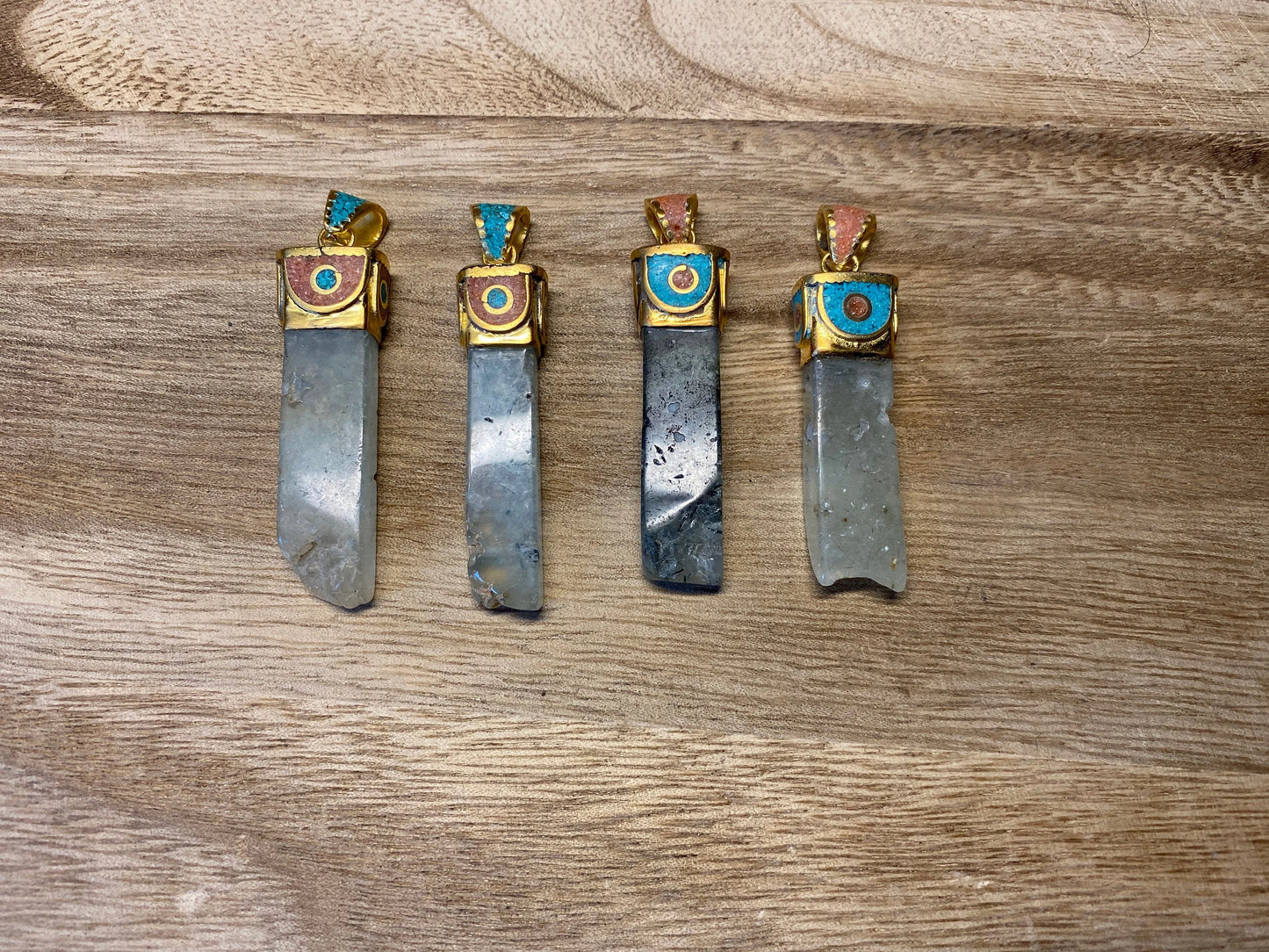 Fluorite Tibetan Pendant, Matte Gold Overlay, Coral & Turquoise inlaid, Natural Stone, Himalayan Ethnic Tribe Jewelry, Pendant for Necklace