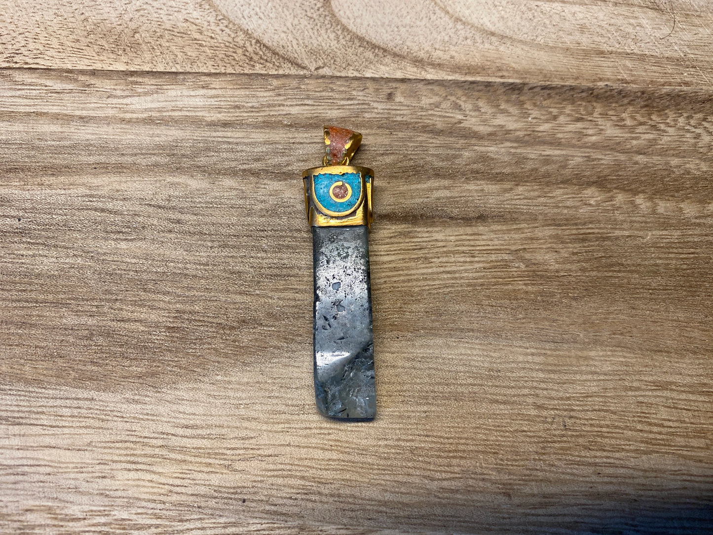Fluorite Tibetan Pendant, Matte Gold Overlay, Coral & Turquoise inlaid, Natural Stone, Himalayan Ethnic Tribe Jewelry, Pendant for Necklace