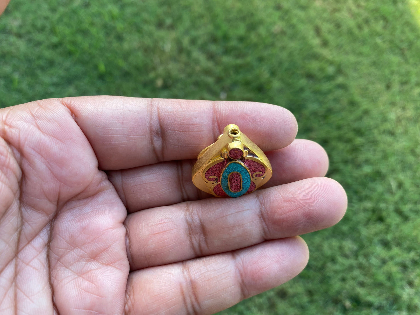 Focal Nepal Bead, High Quality 18k Brushed Gold Overlay Over Brass, Turquoise with Coral Inlay Bead, Handmade Necklace Bead, Earring Charm