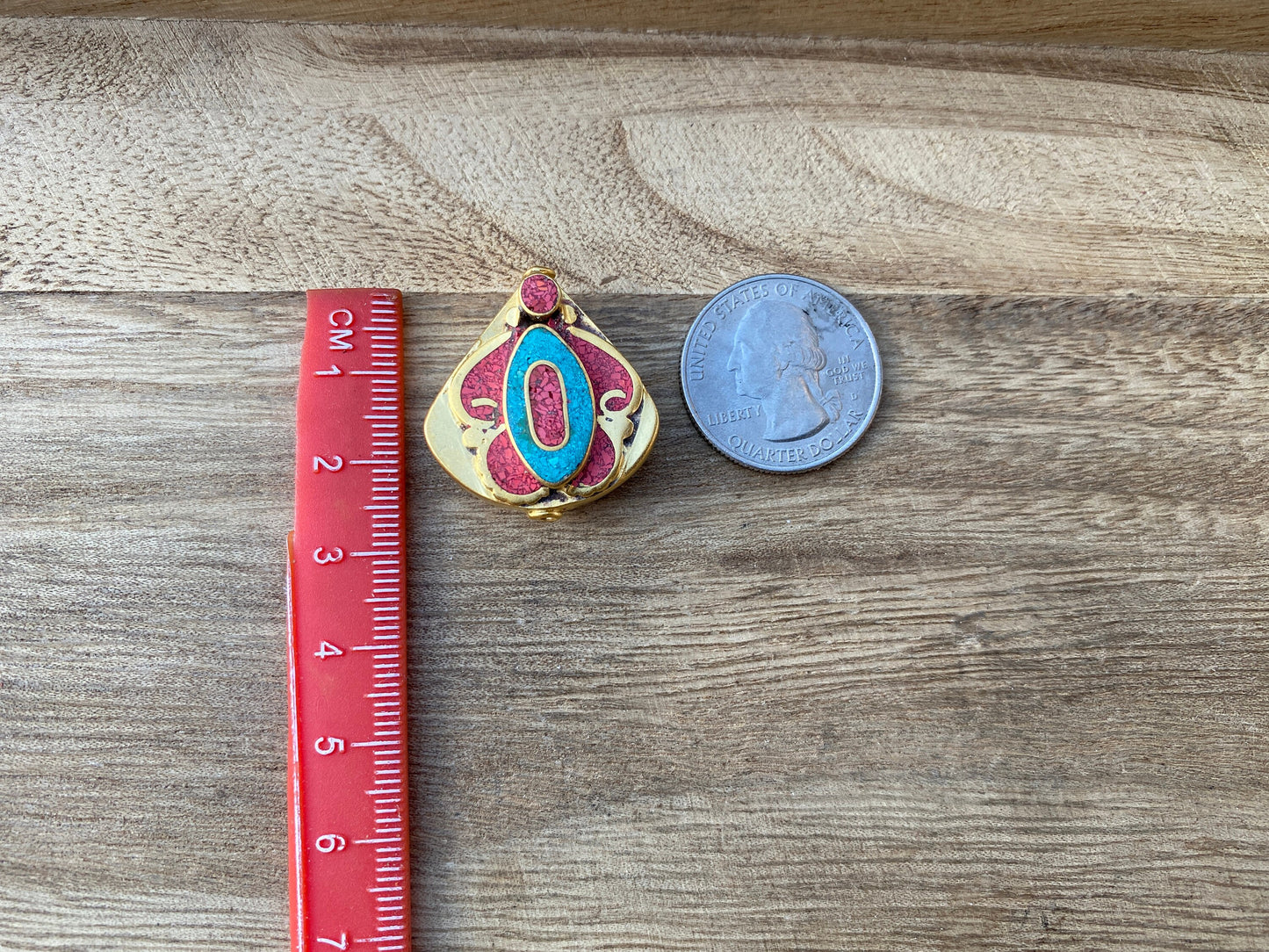 Focal Nepal Bead, High Quality 18k Brushed Gold Overlay Over Brass, Turquoise with Coral Inlay Bead, Handmade Necklace Bead, Earring Charm