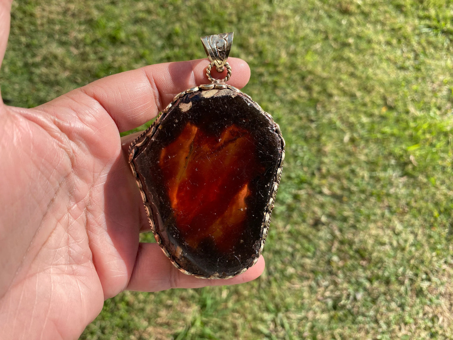 Large Raw Amber Tibetan Silver Pendant, Fossilized Amber Jewelry, Ancient Style Amber Pendant, Earthy Bohemian Jewelry, Jewelry Gift Idea