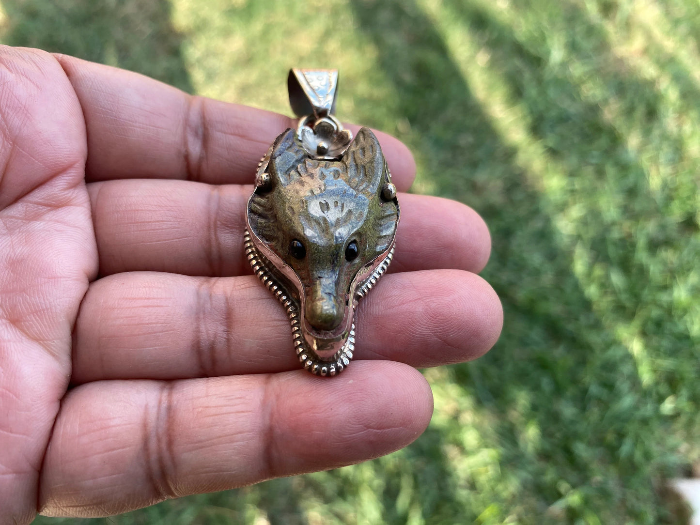 Fox Hand carved Jasper Tibetan Silver Pendant, Ethnic Jewelry, Jewelry Making, Necklace Pendant, Birthstone, Energy Stone Pendant